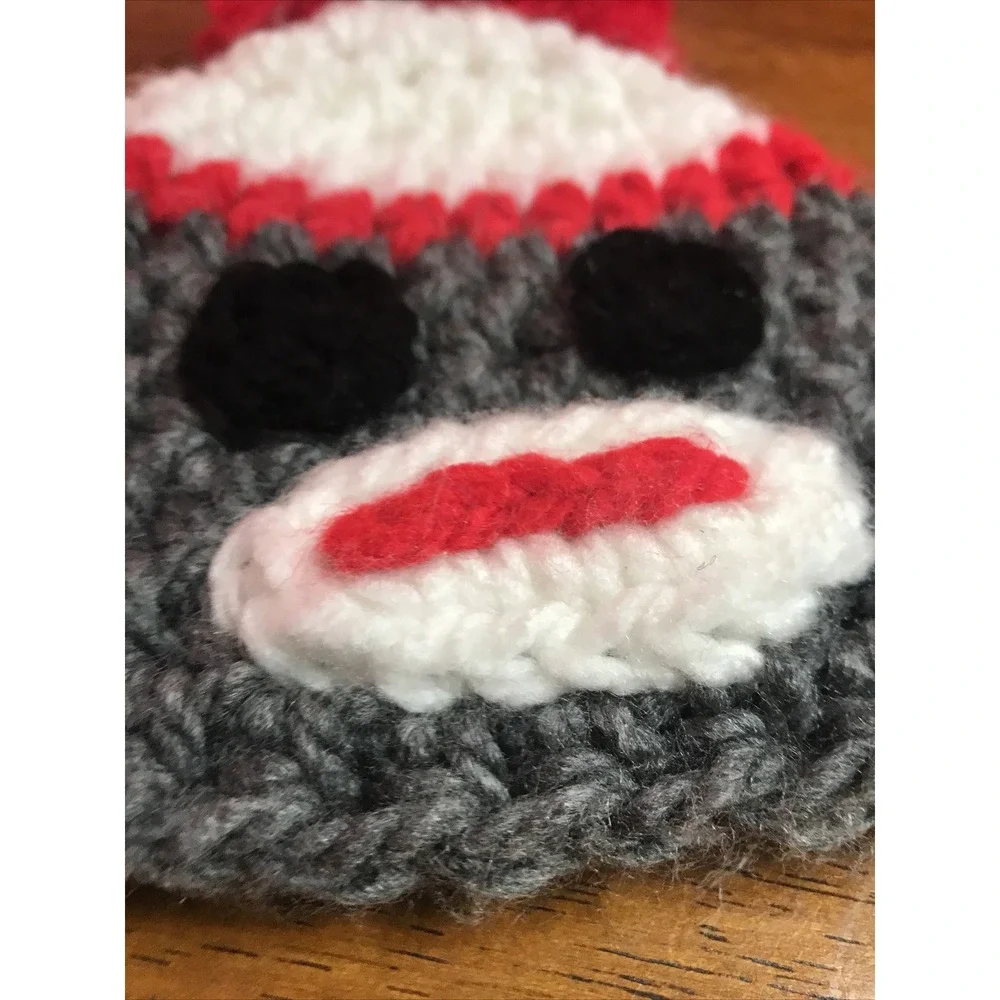 Hand Crocheted Sock Monkey Winter‎ Hat Red Grey